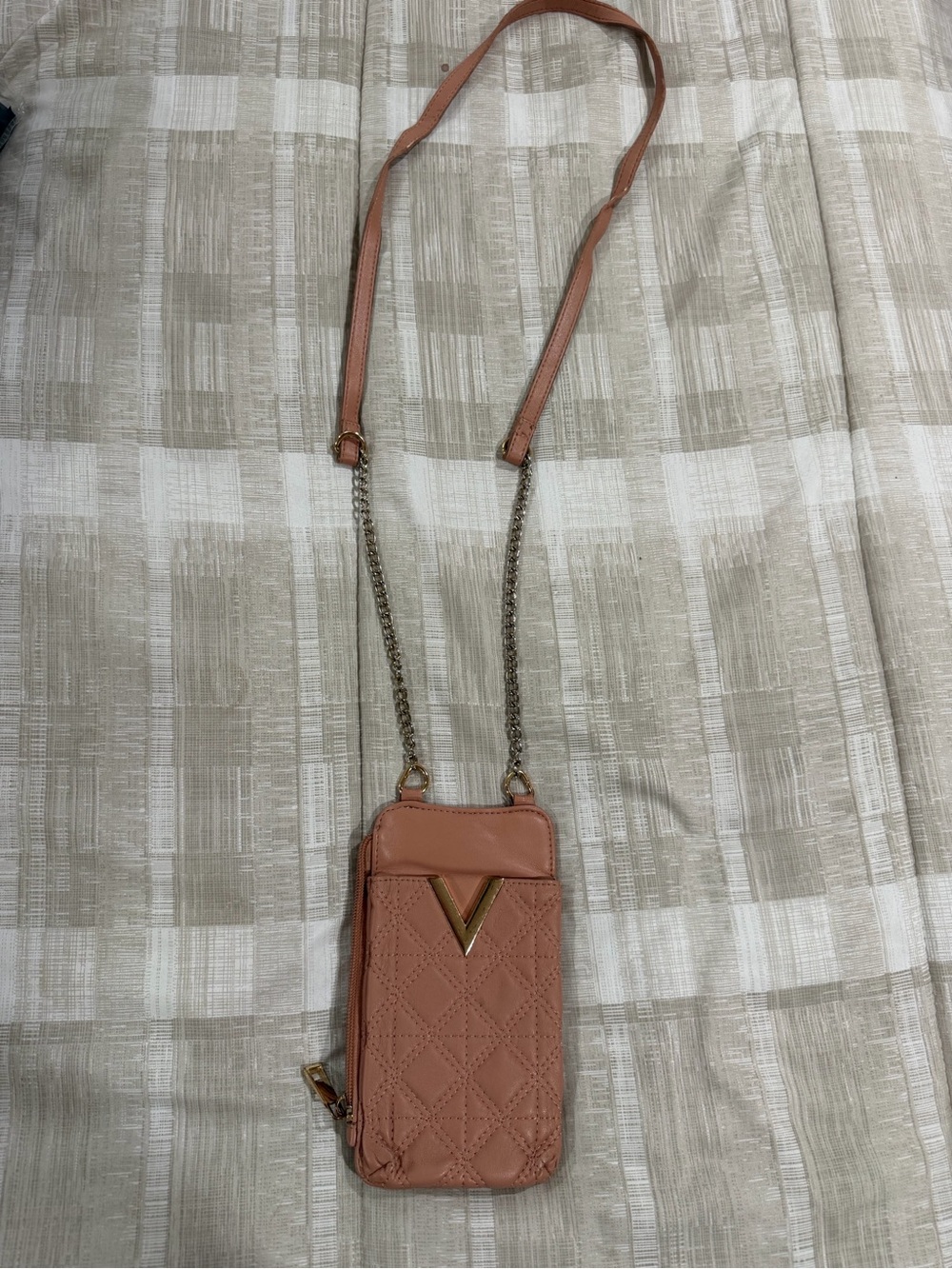 Quilted Crossbody Phone Bag with Gold V Accent in Peach
